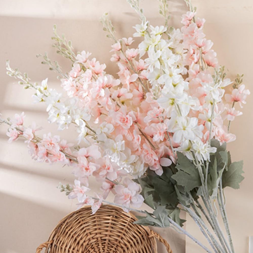 OUKEYI 33.5in 6pcs Fake Flower Delphinium Artificial Silk Larkspur Long Stem Flowers for Tall Vase Home Wedding Party Decor (white) - Image 4
