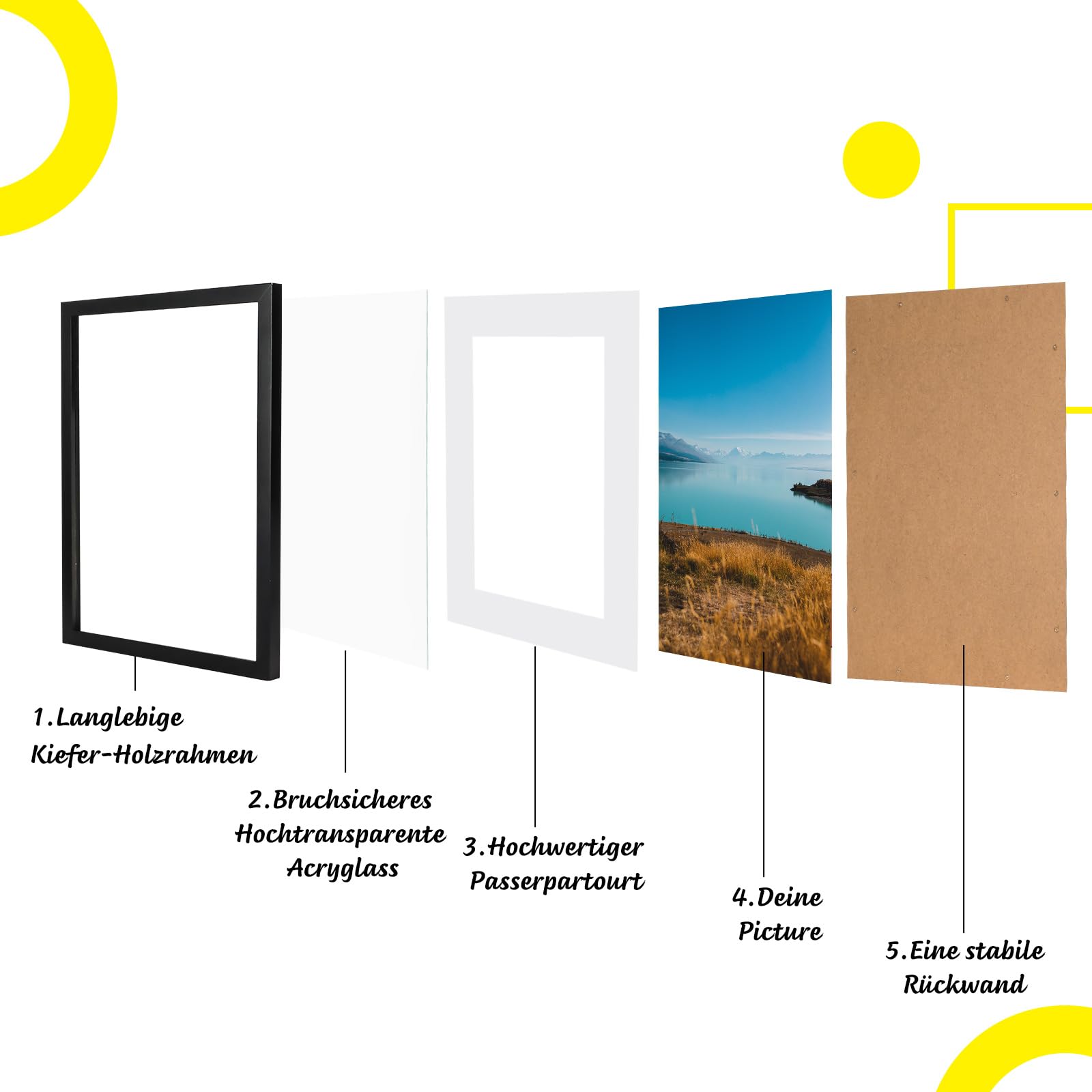Bilderrahmen 60x80cm Schwarz Echtholz mit Passepartout Pine Holz Rahmen mit Bruchsicherem Acrylglas Kieferholz Fotorahmen schwarz bilderrahmen picture frame