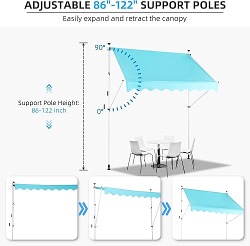 Miniatura 10 de Toldo retráctil manual, 118 pulgadas, sin tornillos, para exteriores, cubierta de pérgola ajustable con protección UV, toldo de exterior 100%