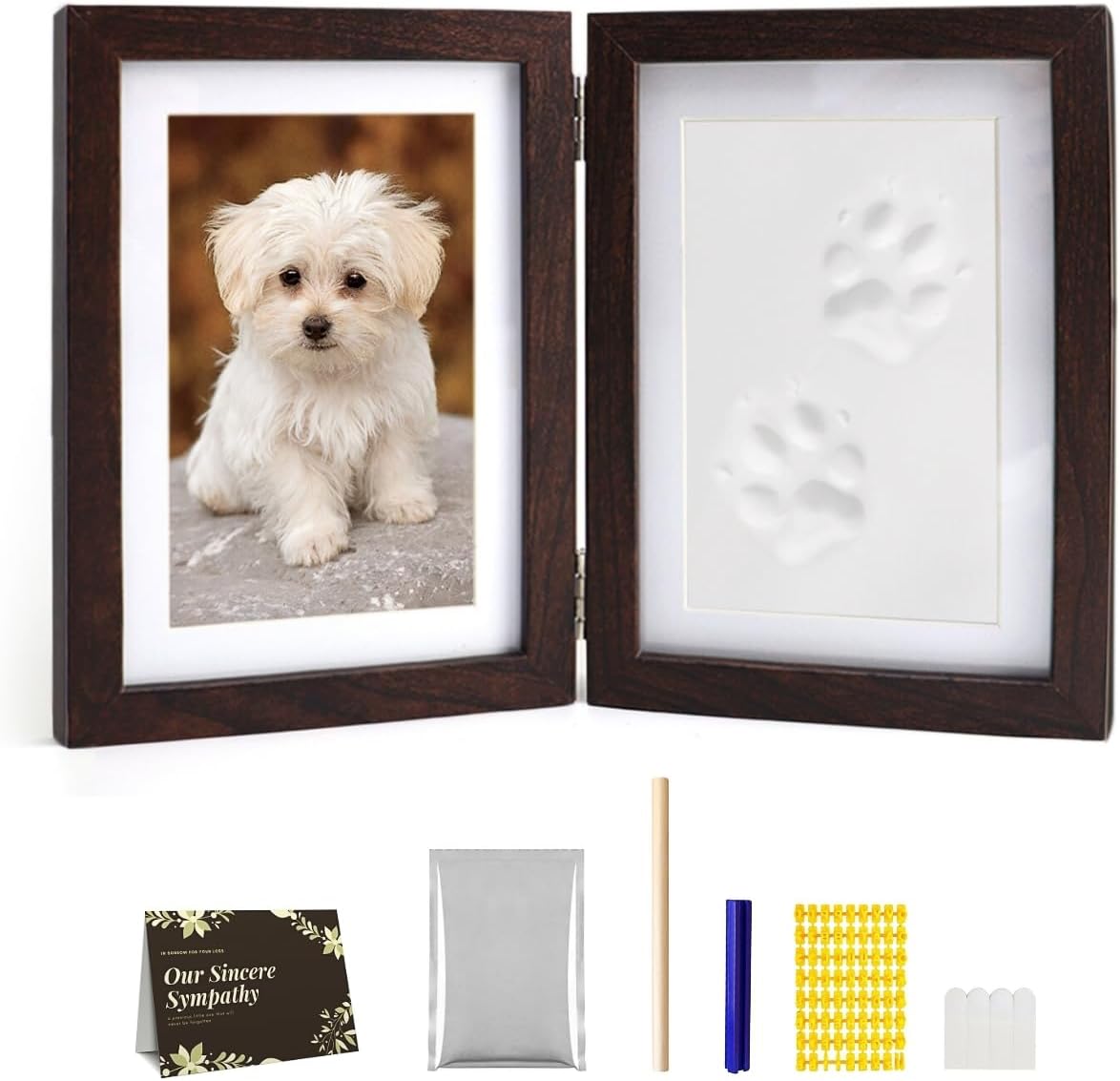 Pet Paw Print Photo Frame Kit for Dogs - Memorial Gifts for Loss of Dog, Clay Impression with Wooden Display, Remembrance Keepsake, Personalized Gift for Cats & Small Animal