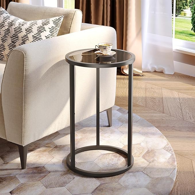 Image of Modern Round Side Table with Black Glass Top | Metal End Table for Living Room & Bedroom