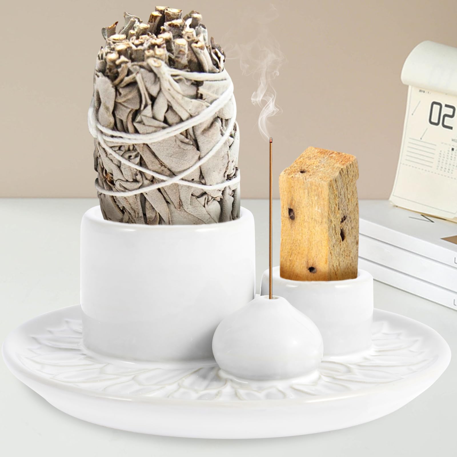 BEYLAB Porta incenso salvia Salvia bianca per porta bastoncini di incenso in ceramica, porta Palo Santo, ciotola incenso, candele, sbavature, decorazione minimalista per bruciatore (giallo marrone