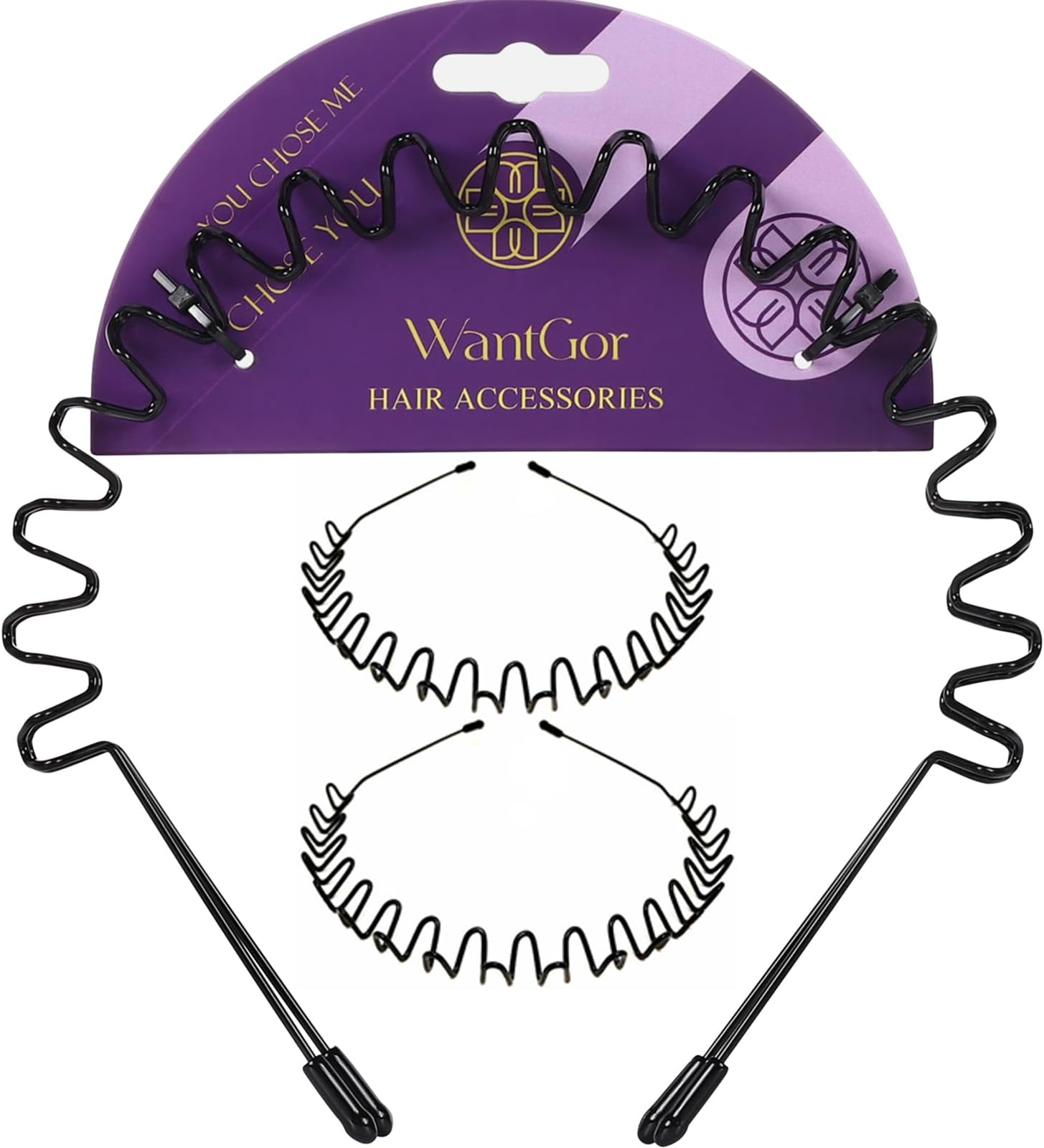 WantGor Metal Headbands, 2 Pack Fashion Unisex Black Hairband Spring Wave Non Slip Sports Headwear Hair Hoop Hair Accessories (2 Pack)