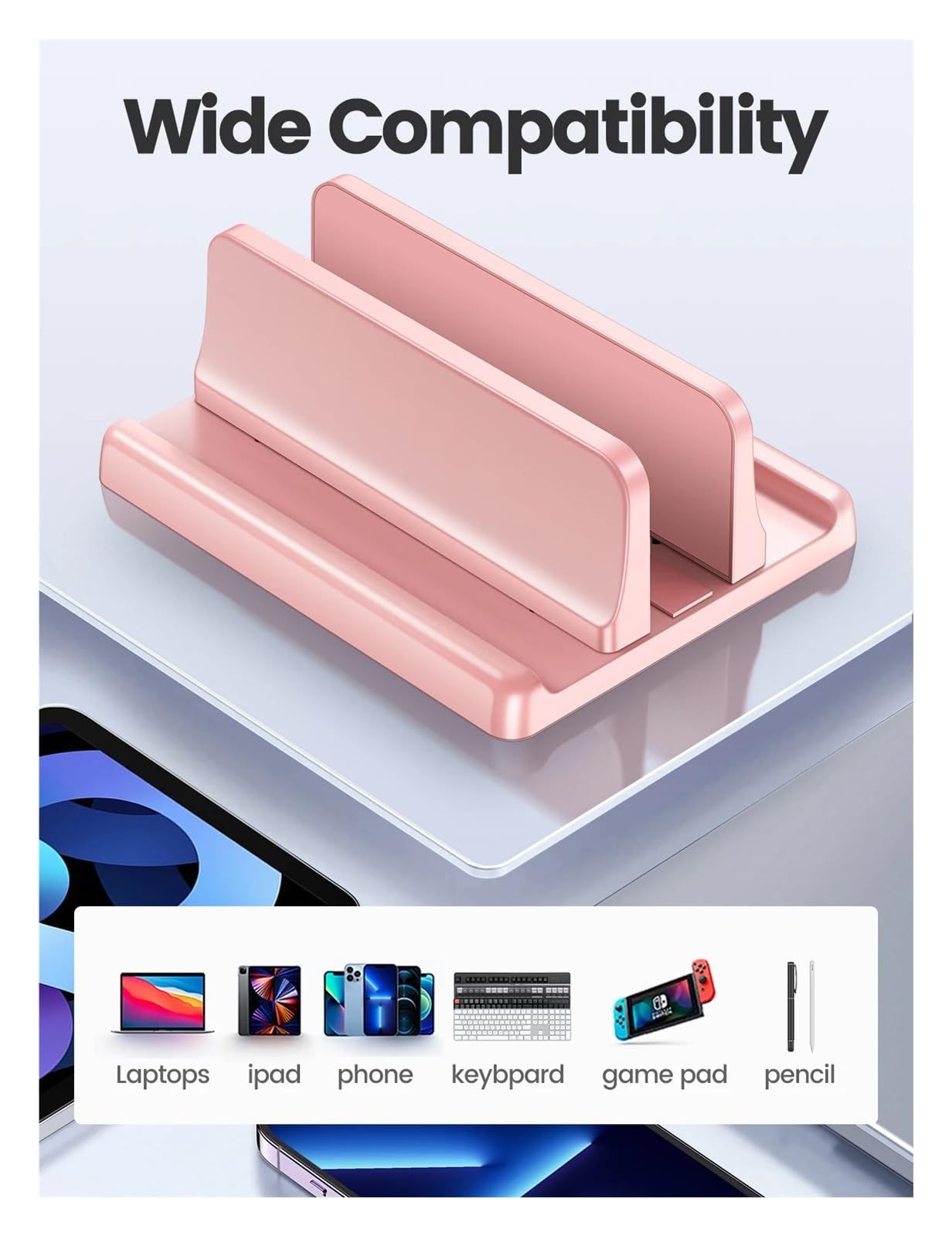 Supporto for laptop verticale rosa, dock for desktop 3 in 1 regolabile