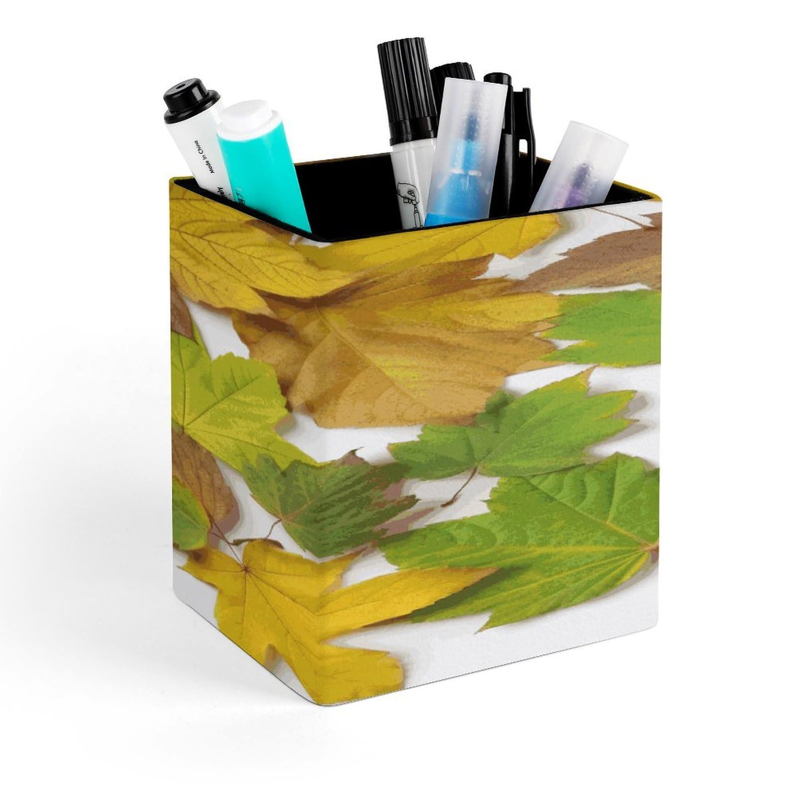 FekiLoot Leaves Pencil Holder for Desk Square Leather Pen Holder Cup Desktop Organizer Multi-Functional Pencil Cup Holders Modern Decorative Desk Organizer Caddy Makeup Brush Holders
