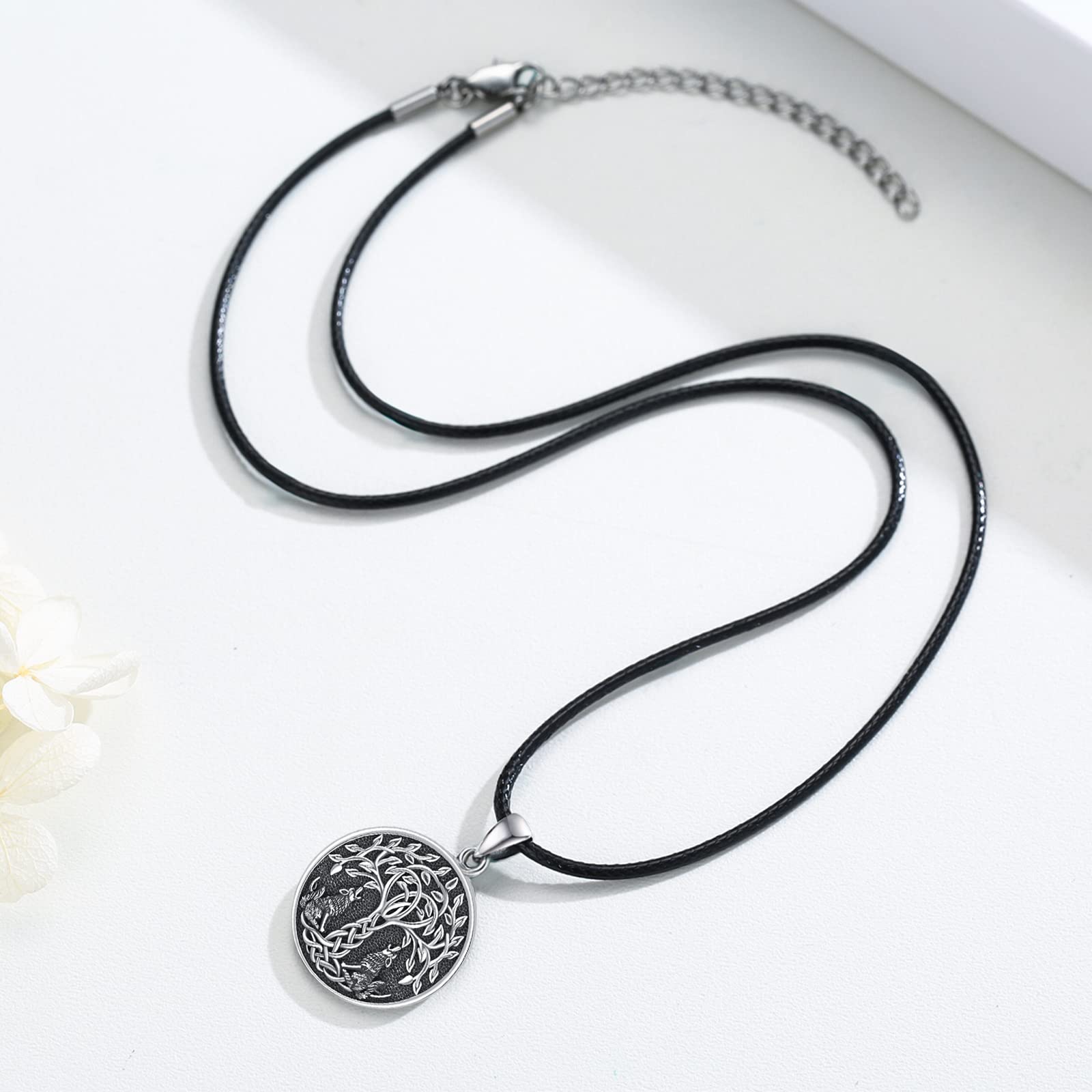 Cadena de árbol de la vida para hombre de plata de ley 925 árbol de la vida cuervo lobo colgante celta nudo redondo amuleto vikingo joyas regalos para mujeres hombres