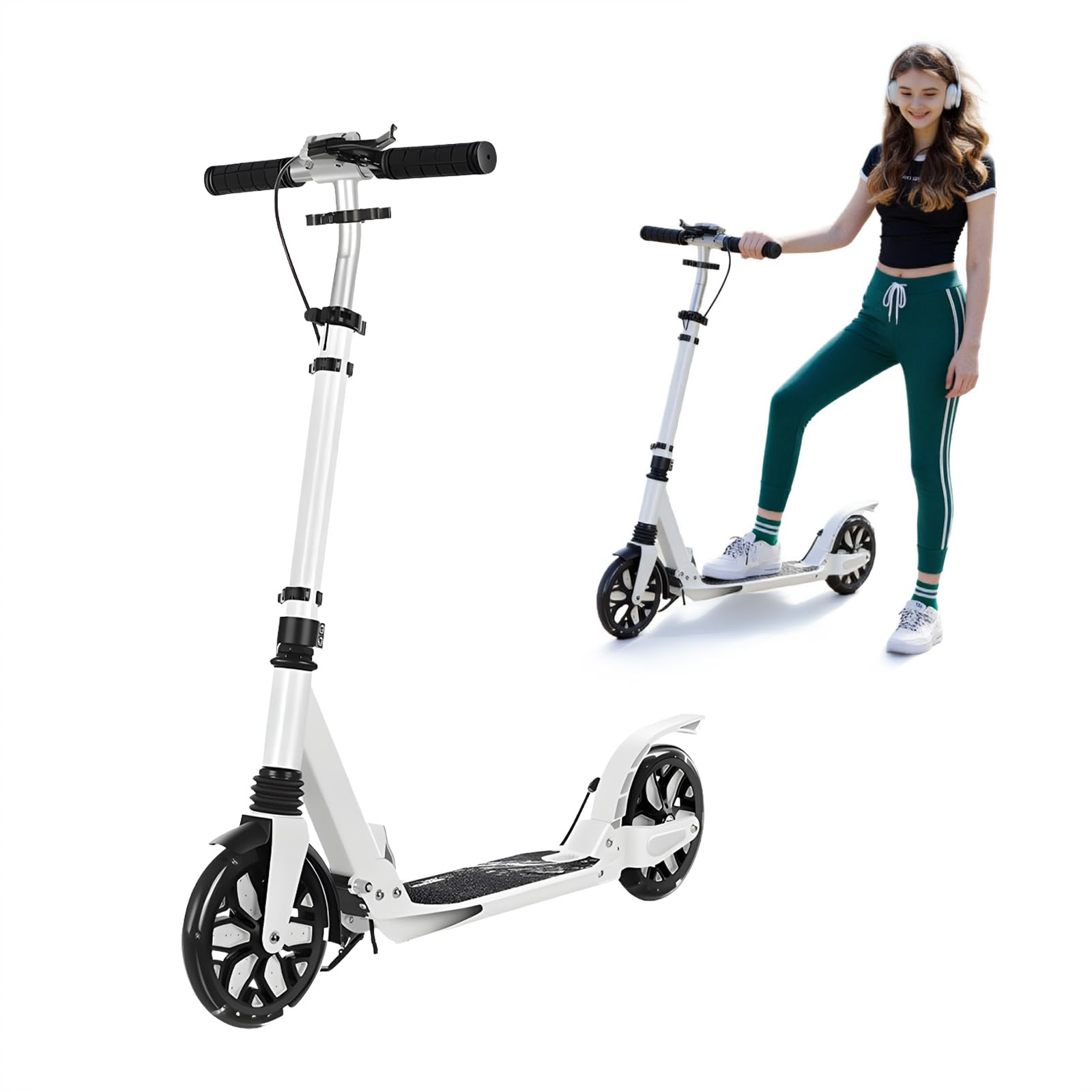 Scooters for Kids, Led Light-Up Rear Wheel, 4 Adjustable Height Dual Brakes,Foldable 8in Big Wheel Scooter, Shock Absorption, 2 Wheel Kick Scooter for Adults, Teens, Up to 300 Lbs