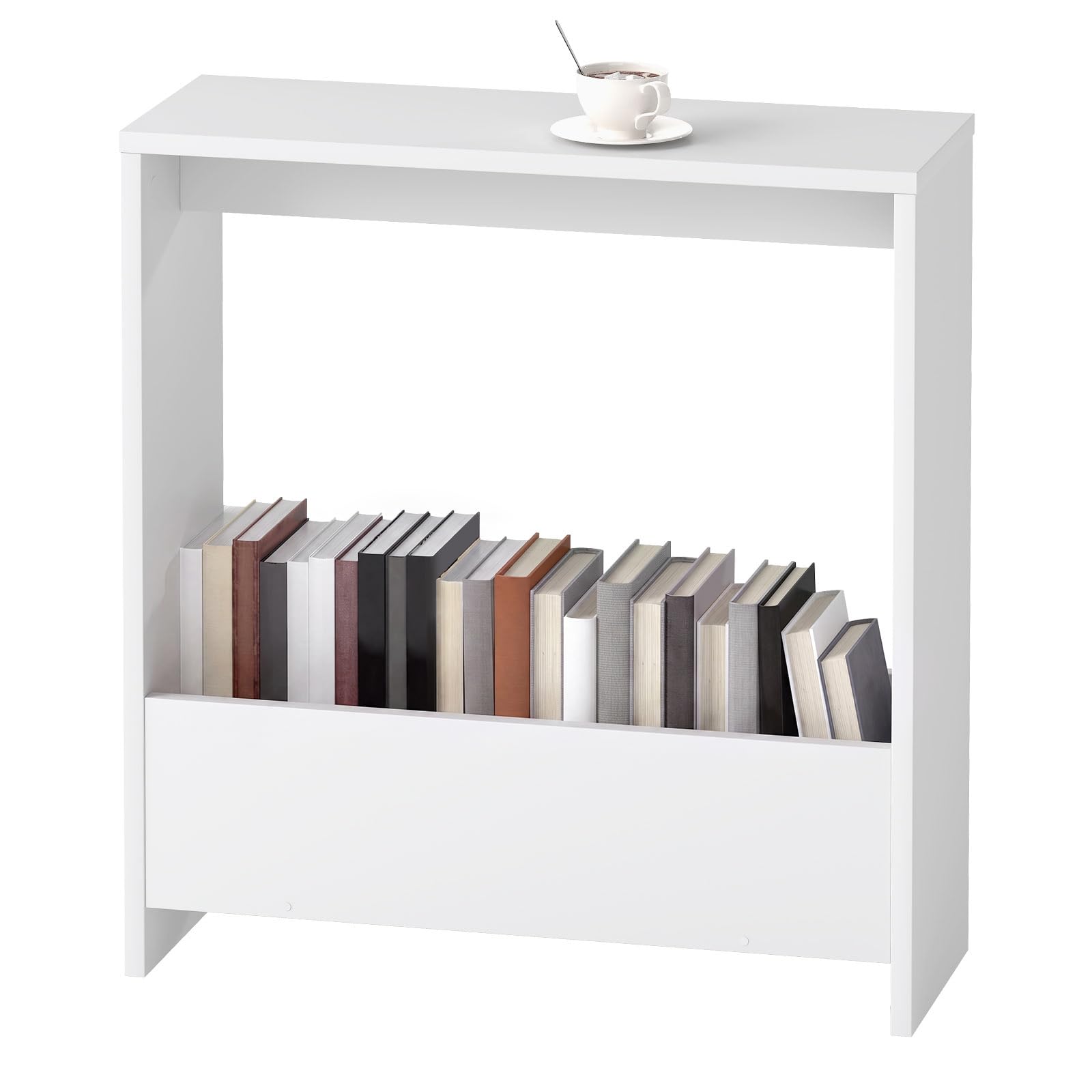 Levede Side Table with Magazine Rack, Wooden Sofa Side Table for Living Room and Office, Bedroom Narrow Storage Cabinet End Table, 55 x 20 x 60cm (White)