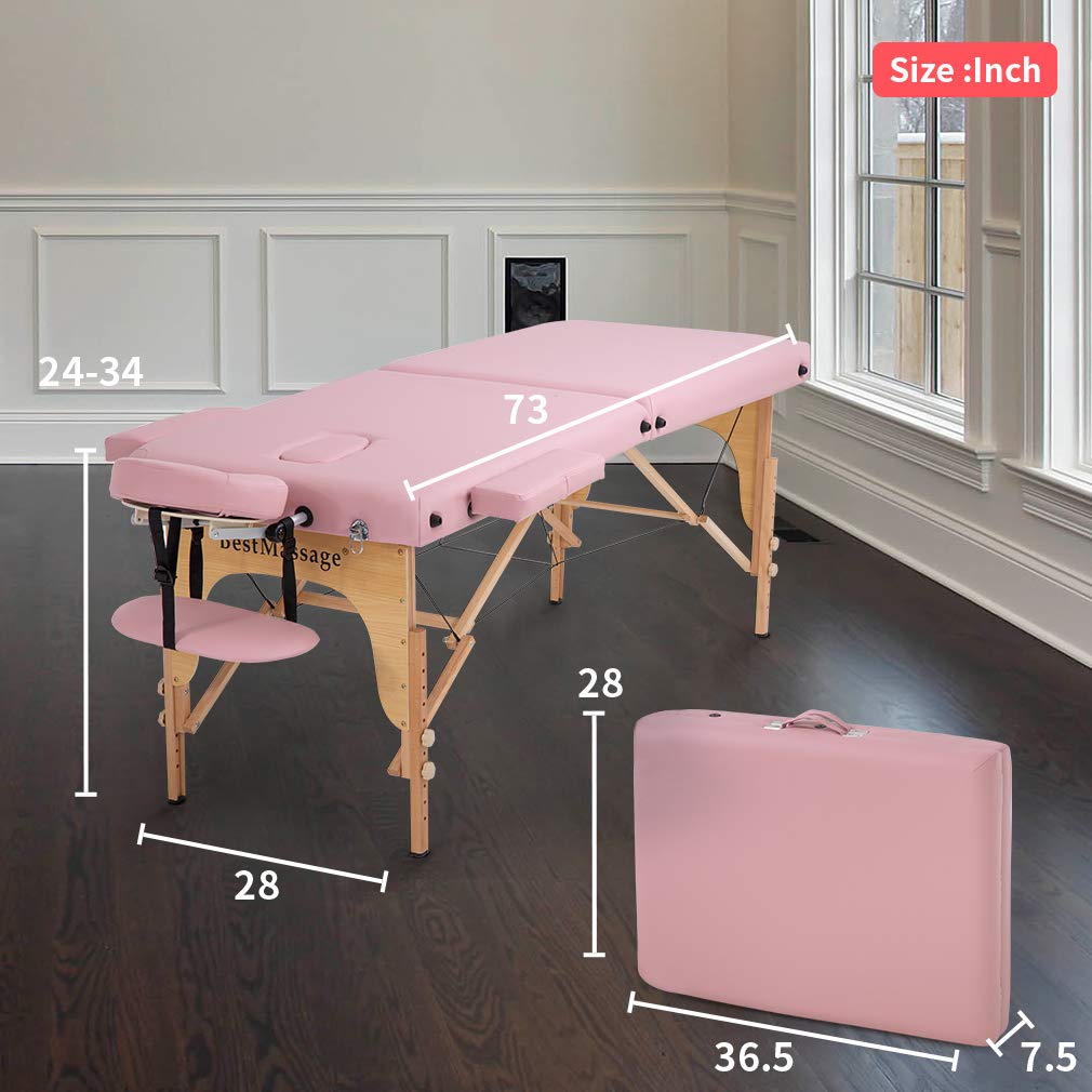 Portable Massage Table Massage Bed SPA Bed Height Adjustable 73 Inch Long 28 Inch Wide 2 Fold Massage Table PU Portable Salon Bed Carry Case Reiki Table