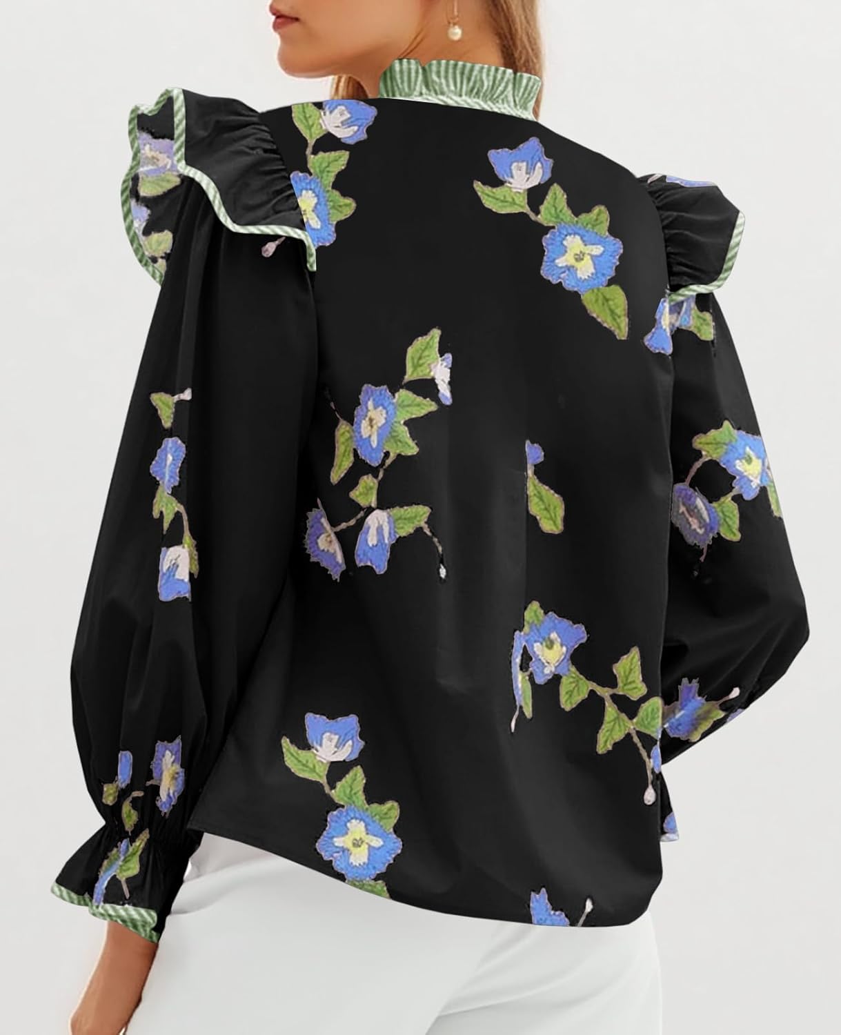 Tankaneo Womens Floral Print Babydoll Tops Casual Boho Blouse V Neck Ruffle Puff Sleeve Cute Shirts - Image 4