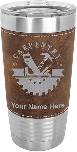 LaserGram Vaso aislado al vacío de 20 onzas, carpintería, grabado personalizado incluido (cuero sintético, rústico)