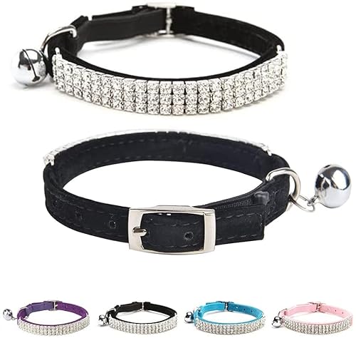 Verstellbarer Kragen aus weichem Samt mit sicherer Katze Bling Diamante mit Glocken, 11 Zoll für kleine Hunde und Katzen (Black) Cover