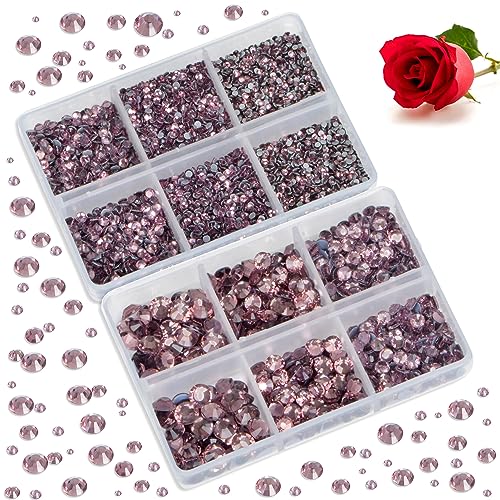Image of Bymitel Hotfix Crystal Rhinestones Round Gems for Crafts,Mixed 6 Sizes with Wax Pencil Kit, Lt. Amethyst 1.6-6.3mm SS4-SS30 /8000pcs