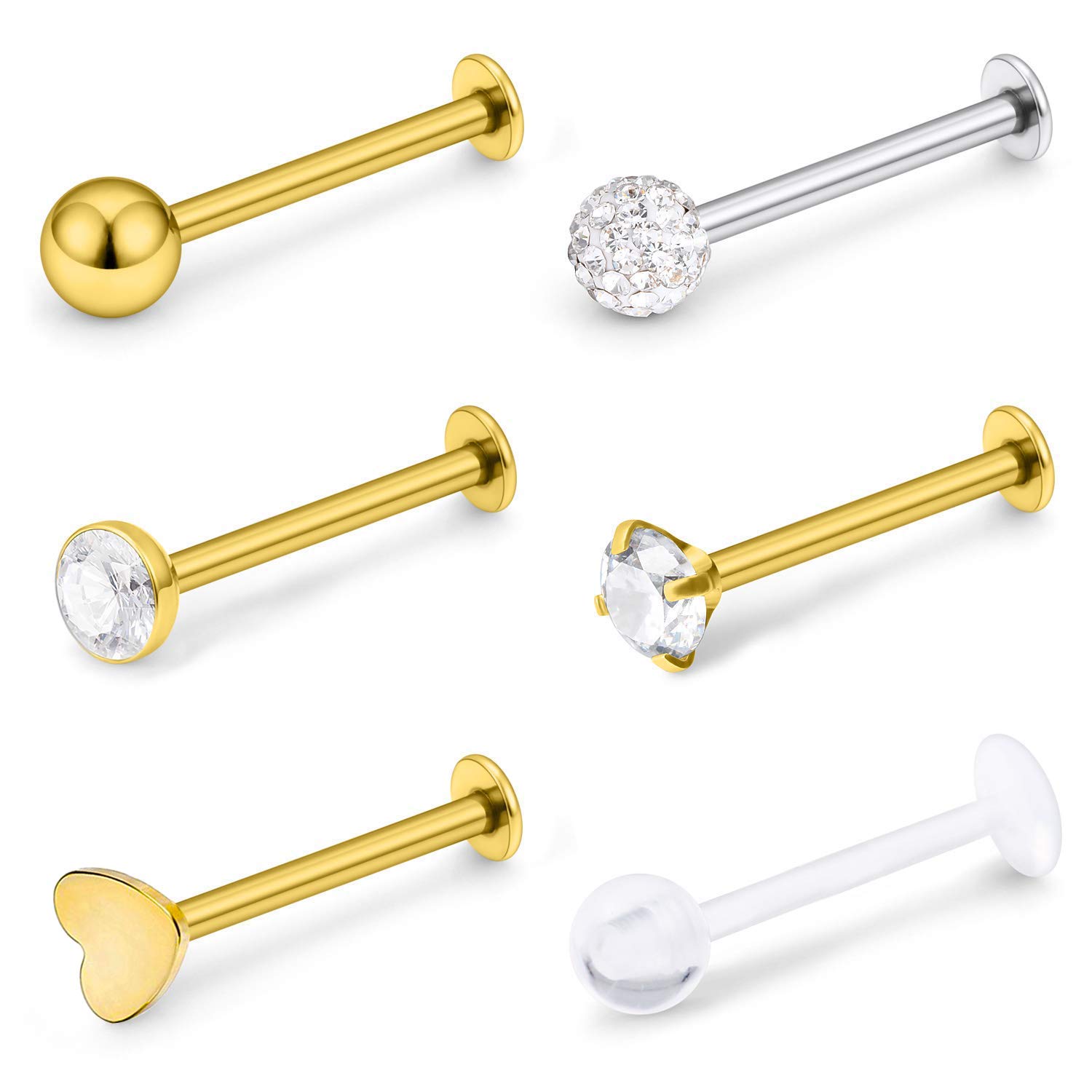 VFUN 16G Acero Inoxidable Labret Studs Monroe Labio Anillo Retenedores Cartilago Tragus Conch Helix Oreja Barbell Piercing Joyería con Claro CZ Mujer Hombre