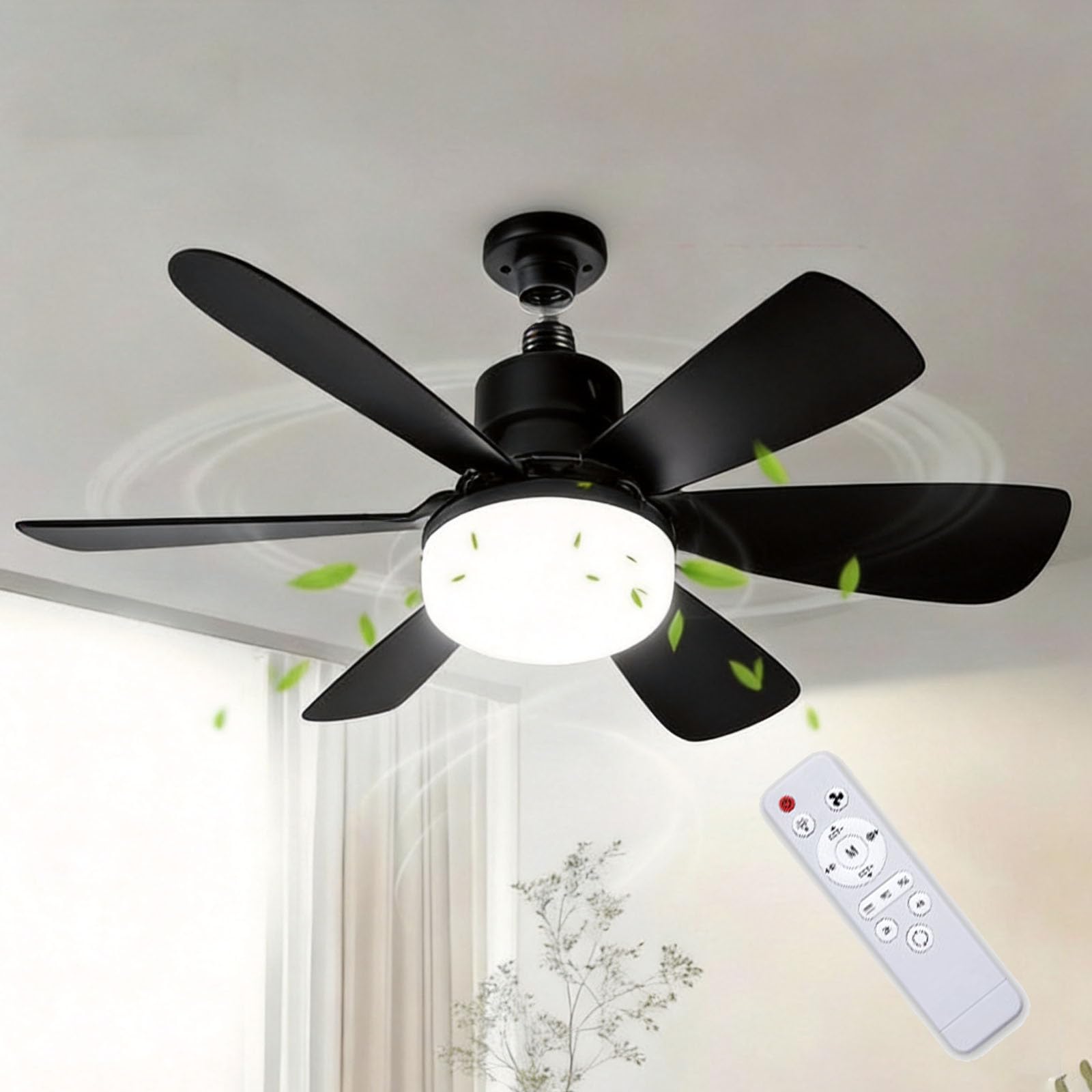 Smartbreez 40w LED Ceiling Fan Light 20.5 Ultra-Quiet with Remote, 2-in-1 Socket Fan Light with Remote Control, 3 Speeds Plug in Ceiling Fan with E27/B22 Bayonet Fitting (Black,Square 6-Blade)