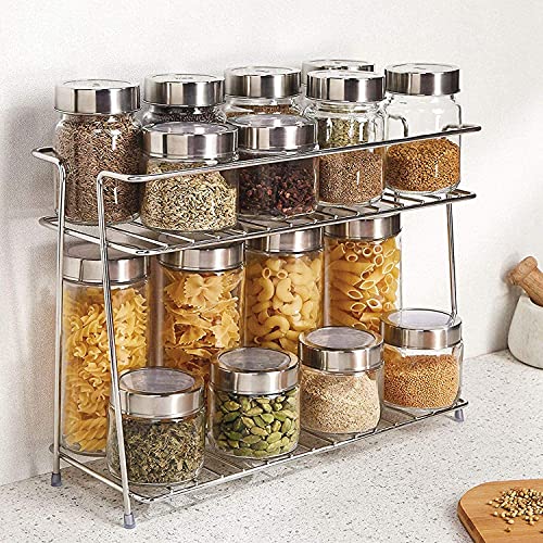 Image of CR18 COLLECTION Stainless Steel Kitchen Rack, Kitchen Organizer and Space Saver, Counter top Stainless Steel Kitchen Stand 2-Tier Trolley Basket for Boxes Utensils Dishes Plates for Home