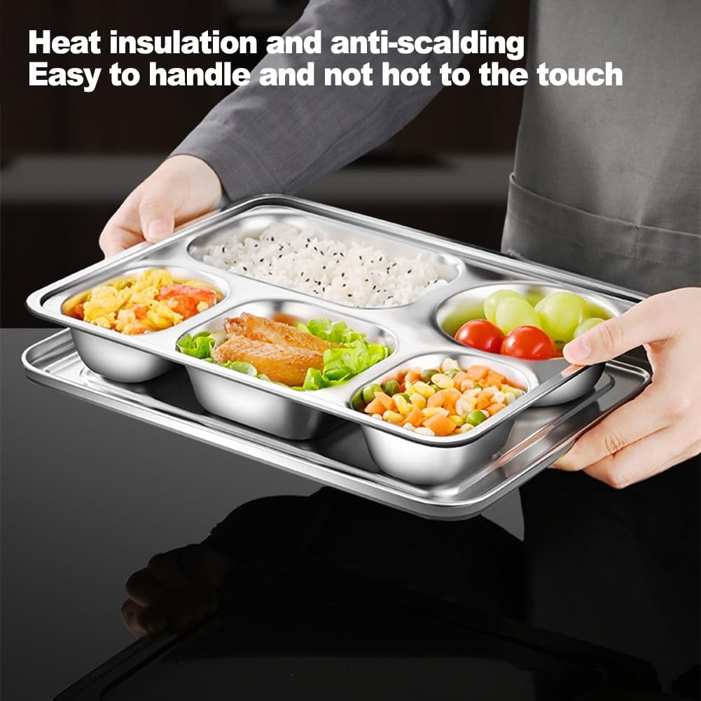 Bandeja de acero inoxidable dividida con tapa, 4/5 compartimentos para adultos, apta para lavavajillas, apilable, bandeja de almuerzo para casa, camping, picnic