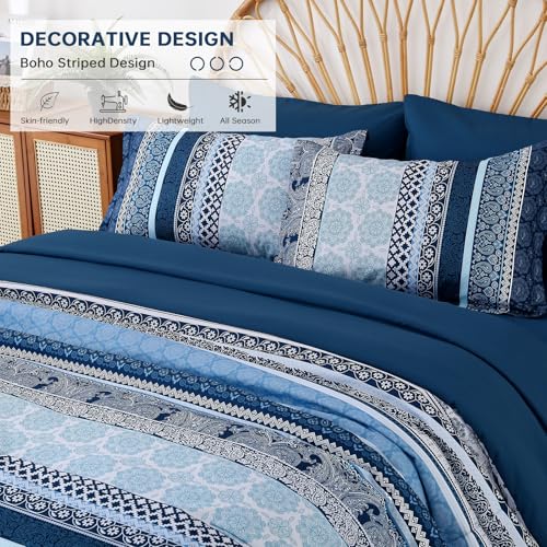 Image of Boho Comforter Set Queen Size,8 Pieces Navy Blue Bohemian Striped Bed in a Bag,Paisley Soft Microfiber Bedding Comforter Set