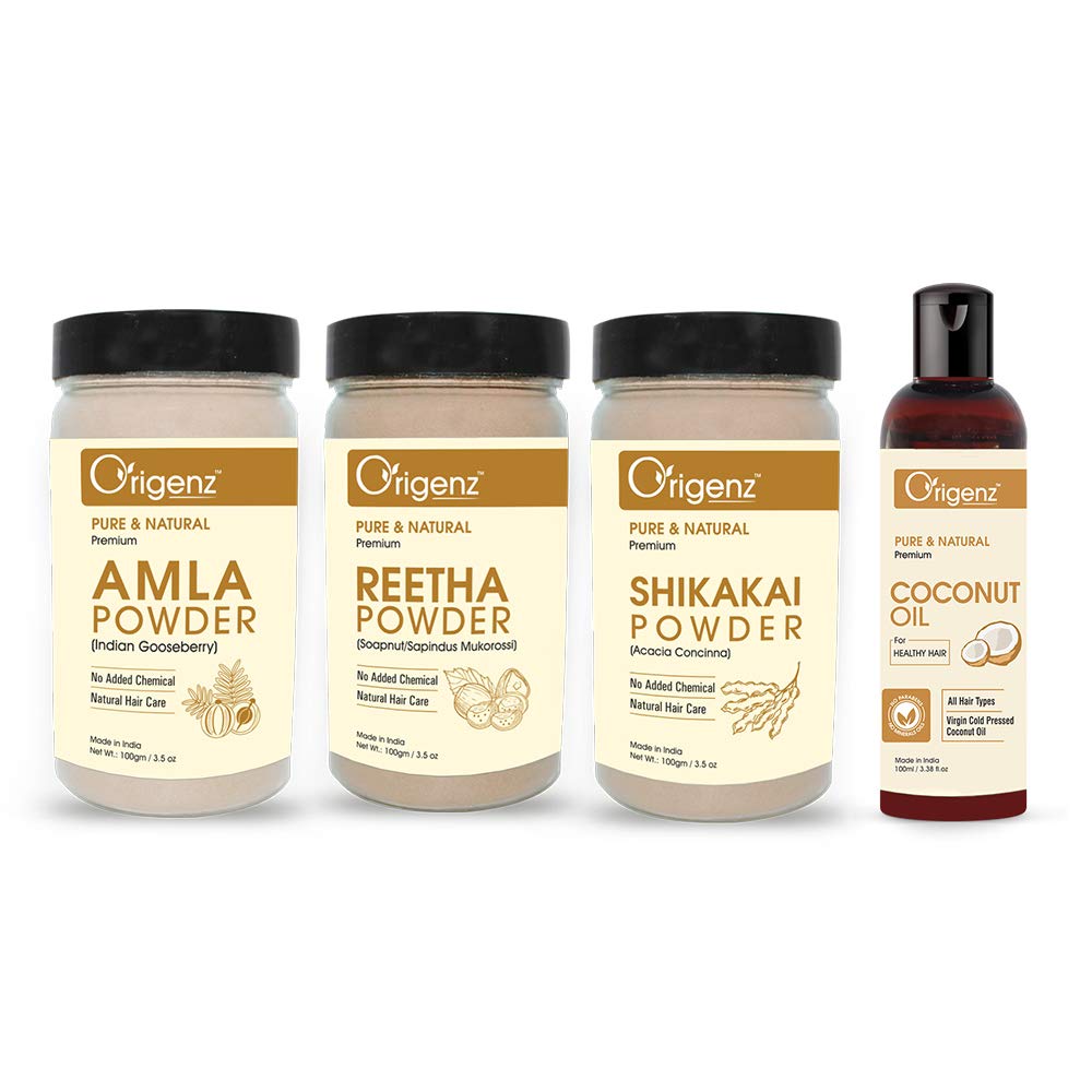 Origenz Amla, Reetha, Shikakai Powders and Coconut Oil Combo Pack for Hair Care, Healthy Scalp, Nourishment, Mask, Helps to Control Dandruff, Hairfall | Natural Cleanser | 300gm + 100ml