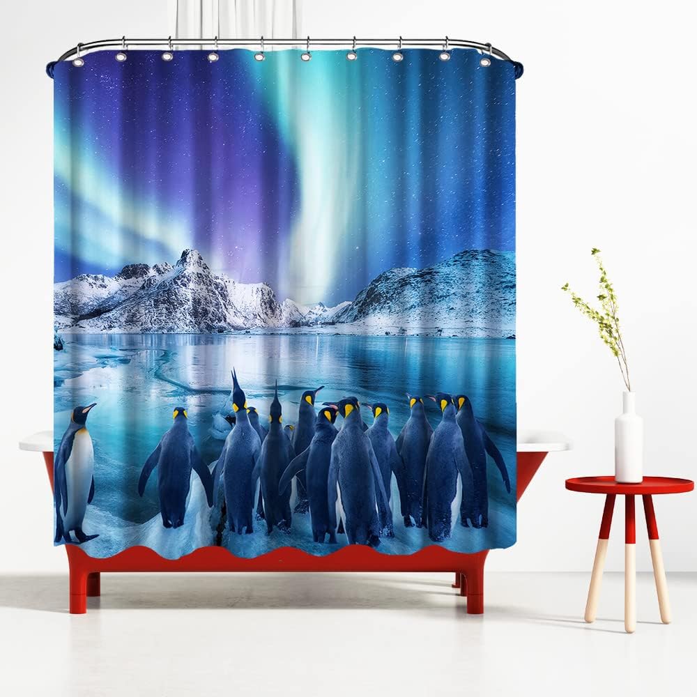 Penguin Shower Curtain Blue Bathroom Curtain Polar Animal Shower Curtain Aurora Bathroom Curtain 72"X72" Waterproof Polyester Fabric with Hooks