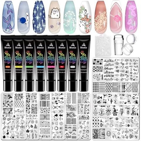 Biutee Nail Stamper Kit Nail Art Stamping Plate Set 8 Stamping Nail Polish Gel 12 Stamp Plate Jelly Silicone Stamper Flower Animal Lace Girl Star Rose love Template Tool Supplies Valentine Style Cover