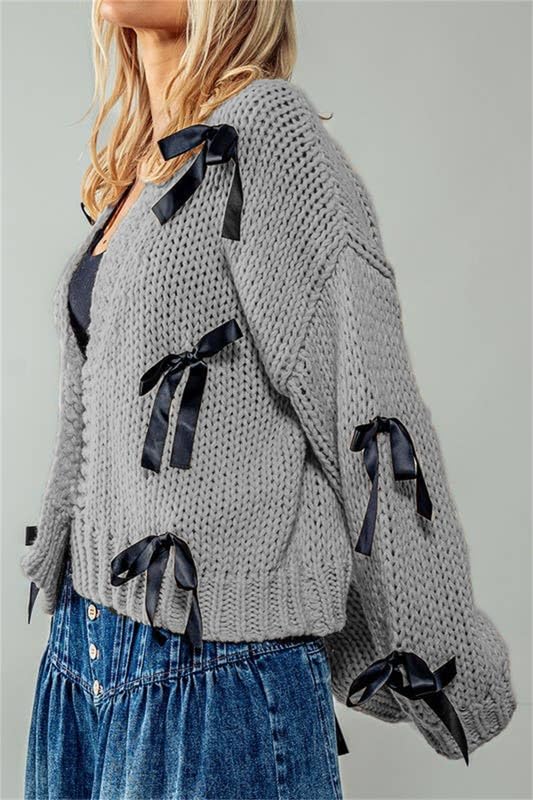 Image of Thopavenoir Women's Y2k Bow Trim Cardigan Sweaters Long Sleeve Button Down Knit Jacket Oversized Pullover Coats Knitwear