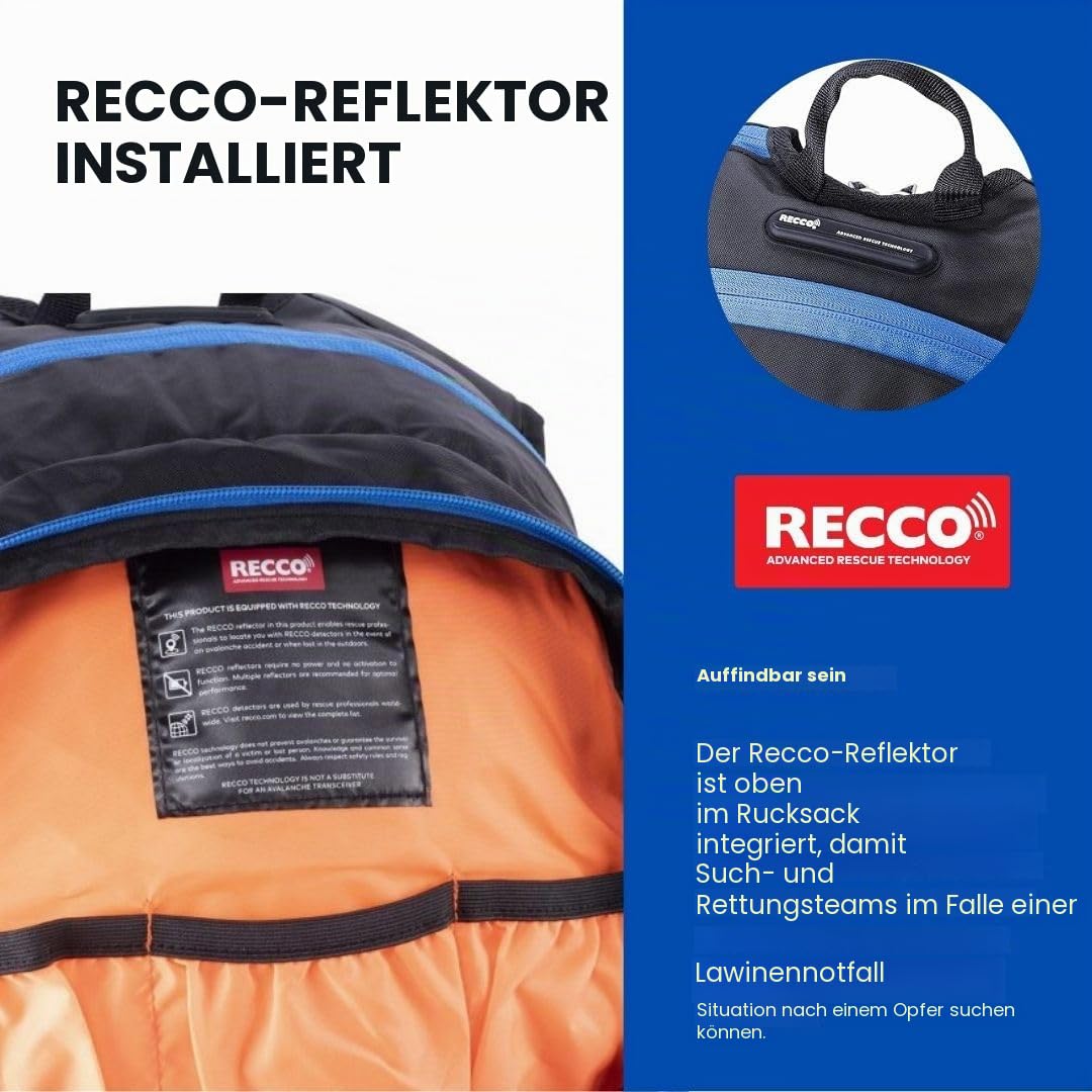 Core Avalanche Kit, Skierucksack inkl. Recco & abnehmbarem Rückenprotektor, Core Plus Schaufel, Core 240 cm Quick Lock Probe, Backcountry Skifahren, Snowboarden (blau)