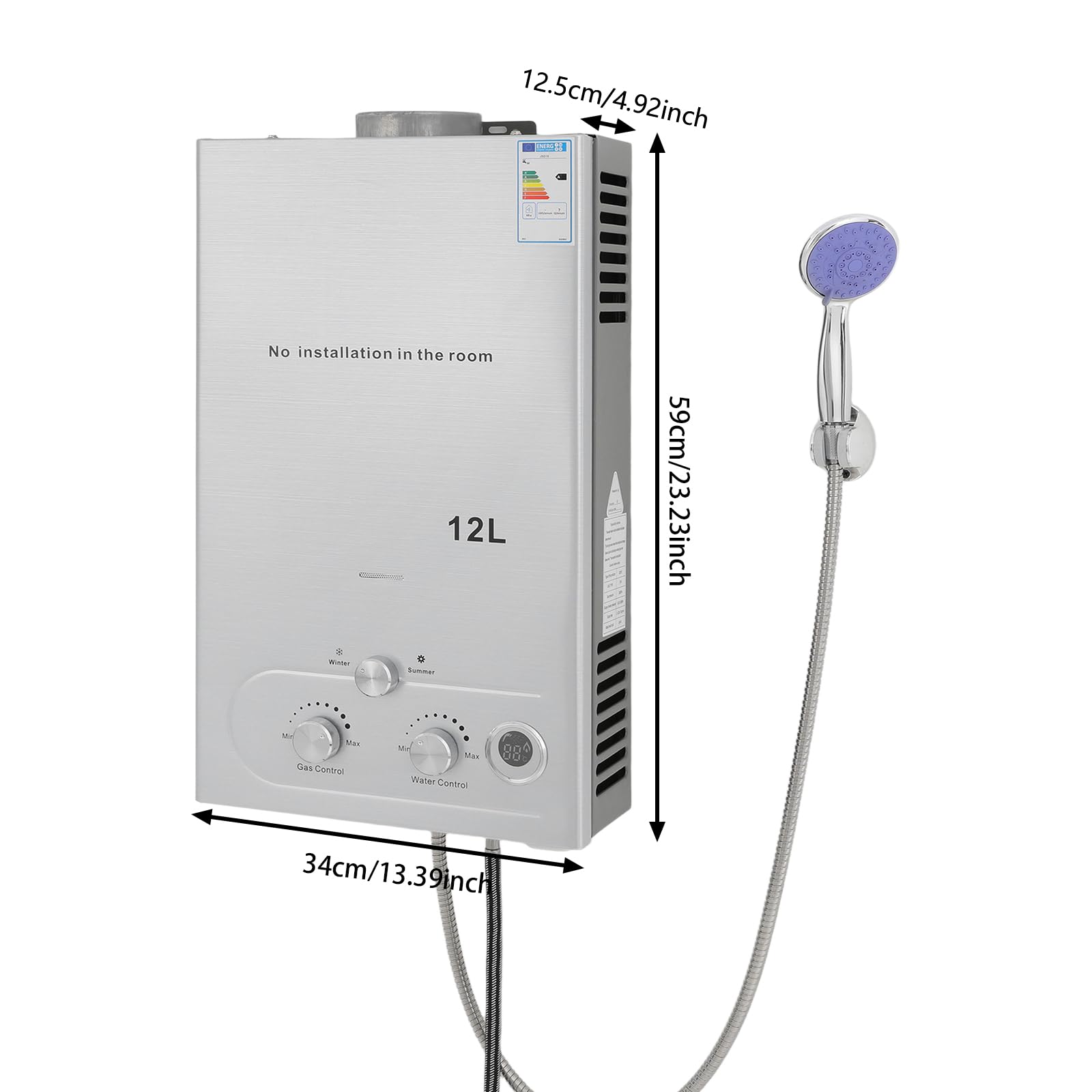 Calentador de agua instantáneo de gas de 12 litros, con pantalla digital para interiores, para gas natural y propano, calentador de agua de alta eficiencia