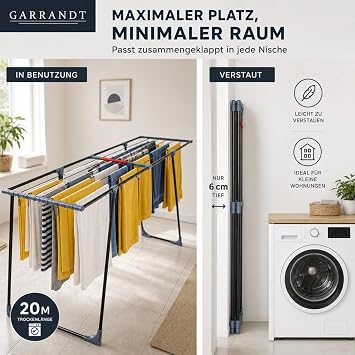 XXL Extendable Clothes Airer - 20 m Drying Length - Foldable Space-Saving and Stable - Large Standing Dryer for Balcony Indoor and Outdoor Use - Tumble Dryer Stand with Powder-Coated Steel Frame