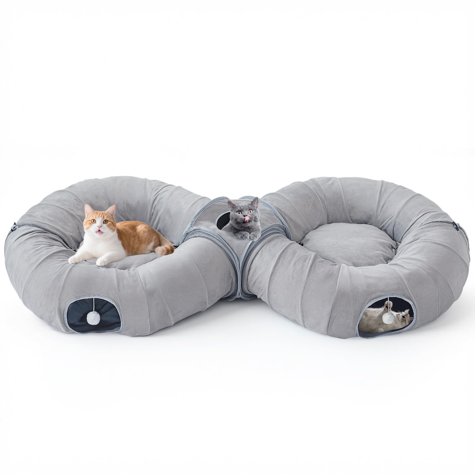 Pawaboo 2-in-1 Cat Tunnel Bed for Indoor Cats, 8-Shaped Large Cat Tunnels with Plush Cushions, Foldable Cats Cave Hideout Kitty Toys with Fluffy Balls