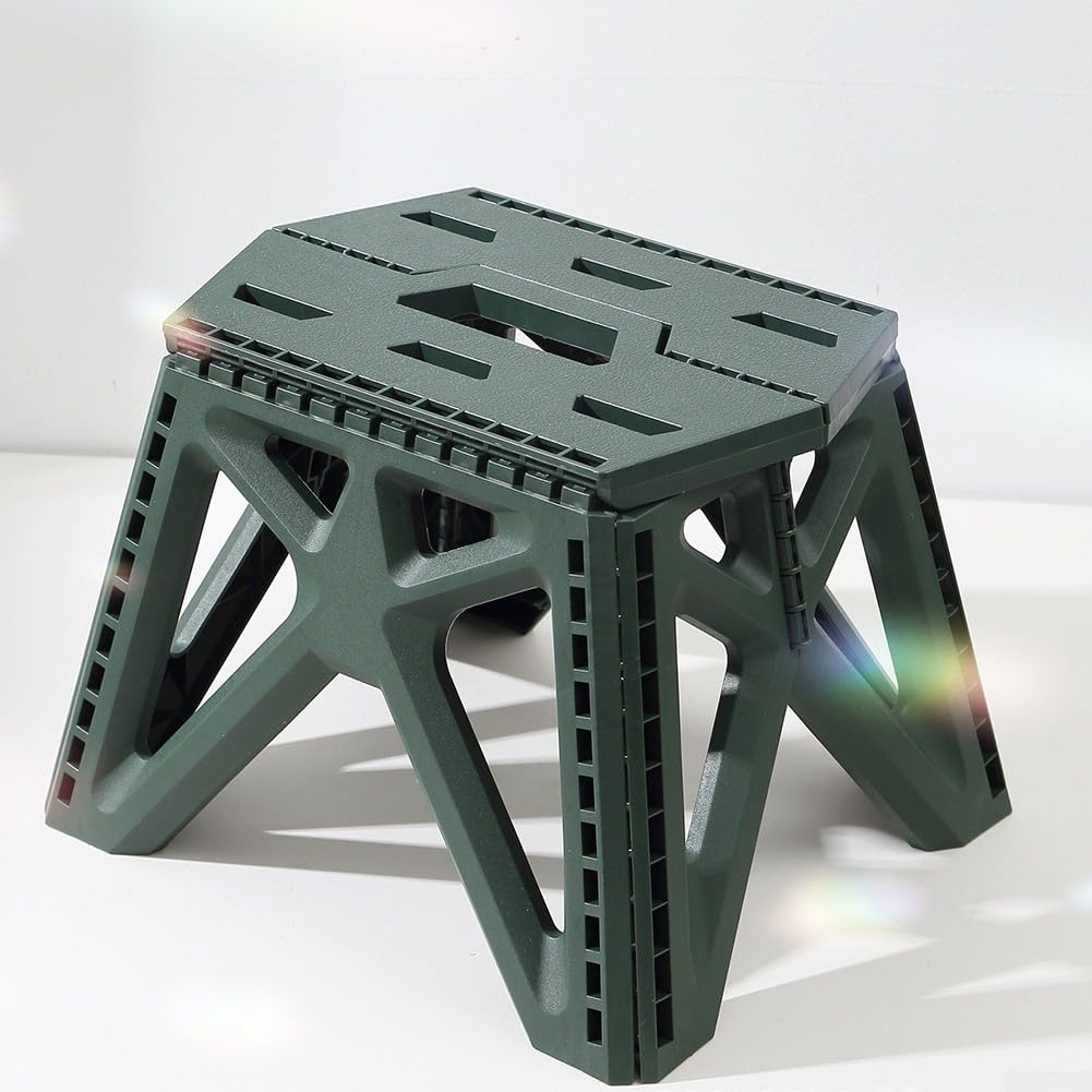 Tabouret pliant pour intérieur et extérieur - Construction en plastique léger certifié EN14183 - Poignée ergonomique et assise hexagonale pour plus de stabilité et de confort - Vert
