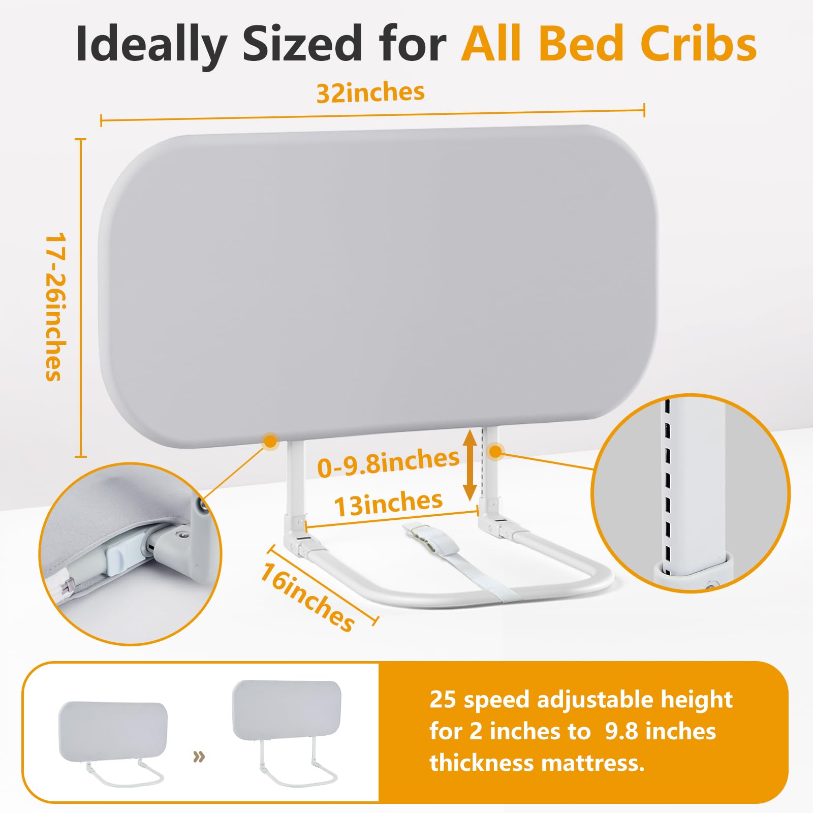 Riel plegable para cuna infantil, ajuste universal para camas individuales, Queen, matrimoniales, king size - Gris - Barandilla de cama fácil de montar para bebés y niños pequeños (32