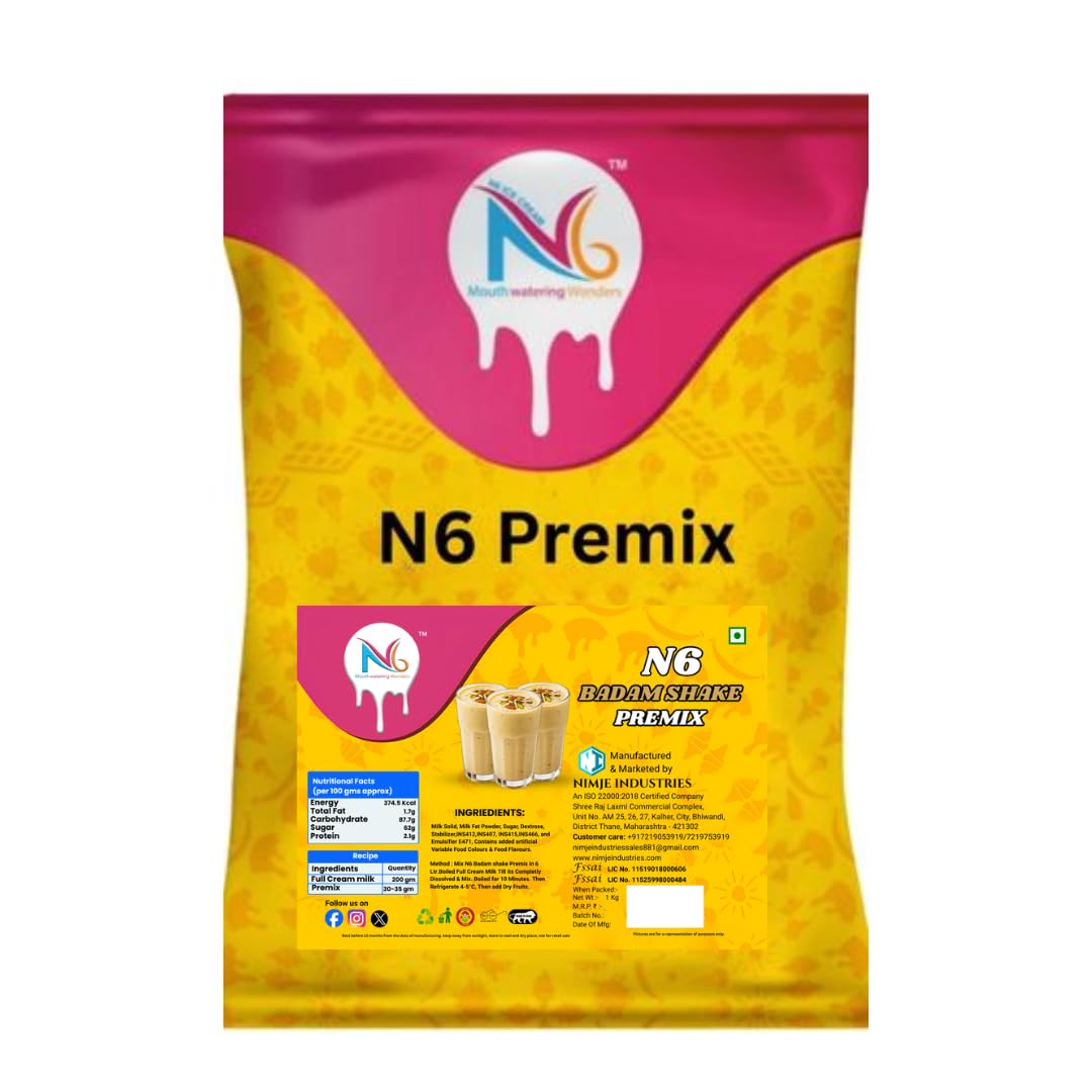 N6 Badam Shake Premix Powder | Instant Almond Milkshake Mix | Rich & Creamy Badam Flavour | Just Add Cold or Hot Milk | Café Style Beverage Mix | 1 Kg-image-35