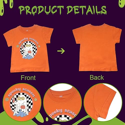 Miniatura 3 de Blinket Camiseta de Halloween para niños pequeños, camisa de fantasma de calabaza negra y blanca, a cuadros, estampado naranja, manga corta,