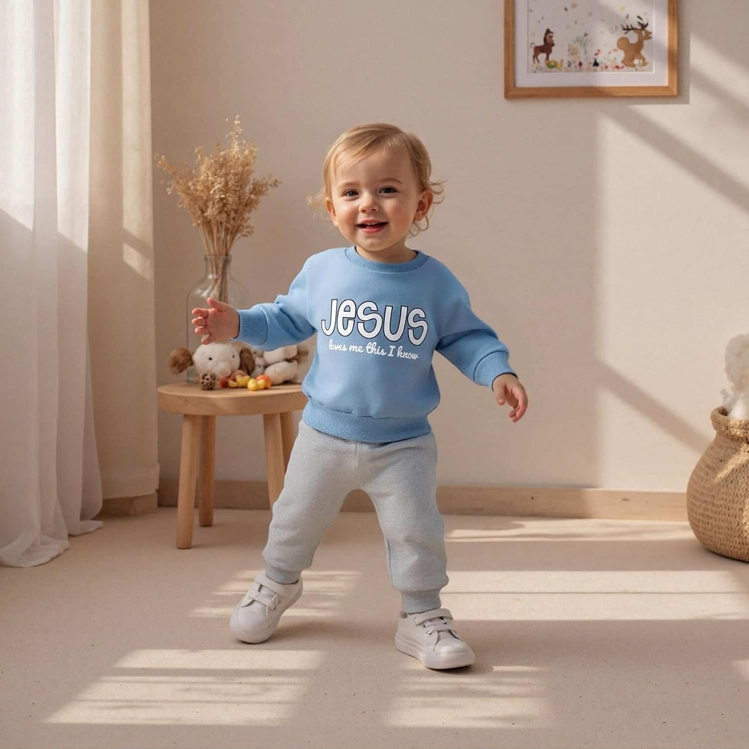 KMBANGI Toddler Baby Boy Christian Outfit Jesus Loves Me Sweatshirt Long Sleeve Shirt Jogger Pants Baptism Clothes 2Pcs Set
