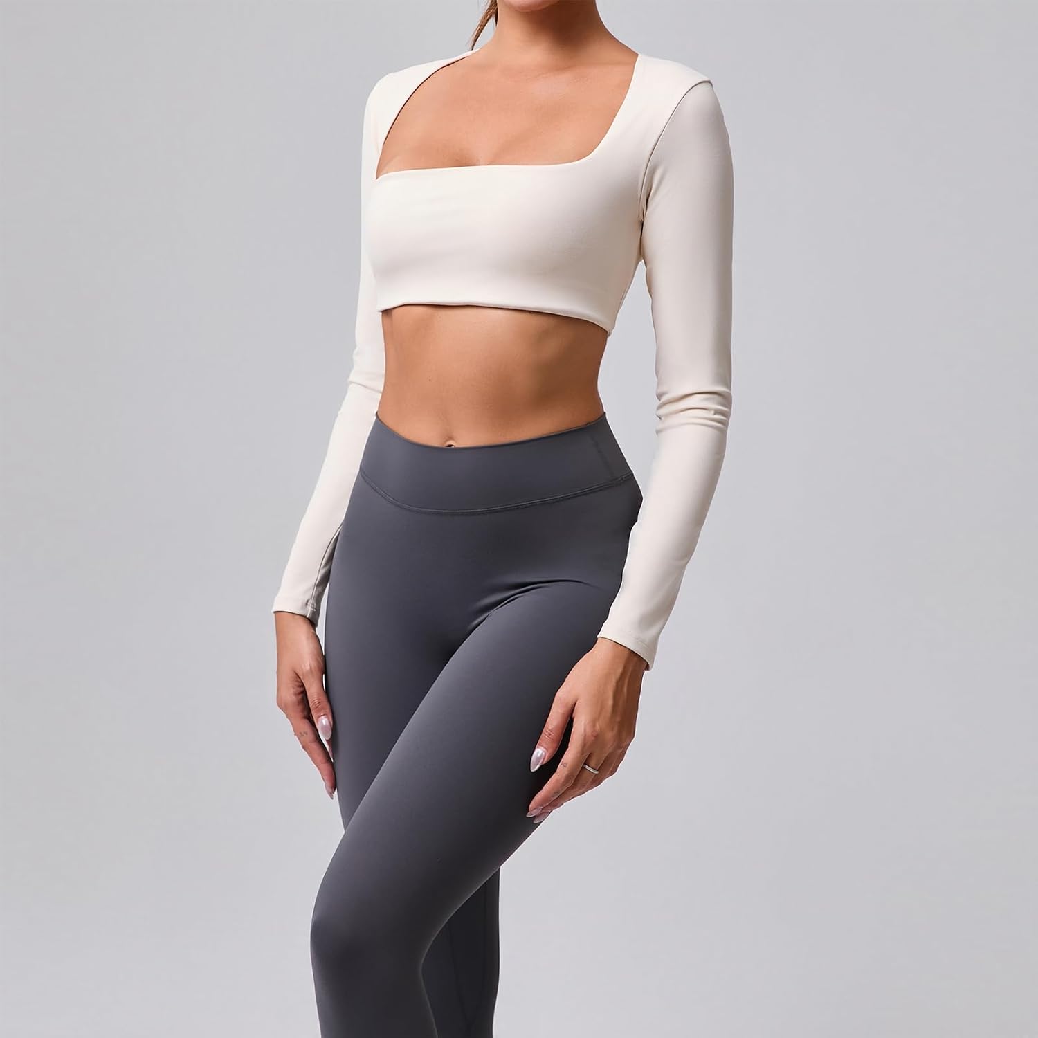 ABOCIW Womens Square Neck Long Sleeve Workout Crop Tops with Built in Bra Slim Fit Cutout Back Gym Yoga Athletic Shirts - Image 5