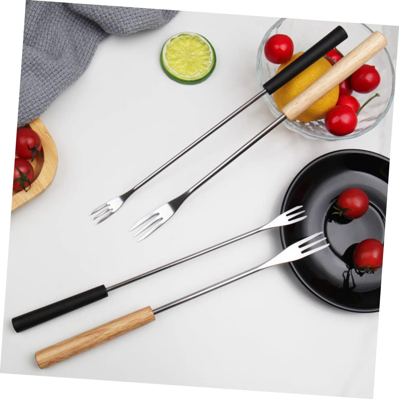 12pcs Fruit Forks Cheese Fondue Forks Stainless Steel and Wooden Handle for Fondue Salad Desserts