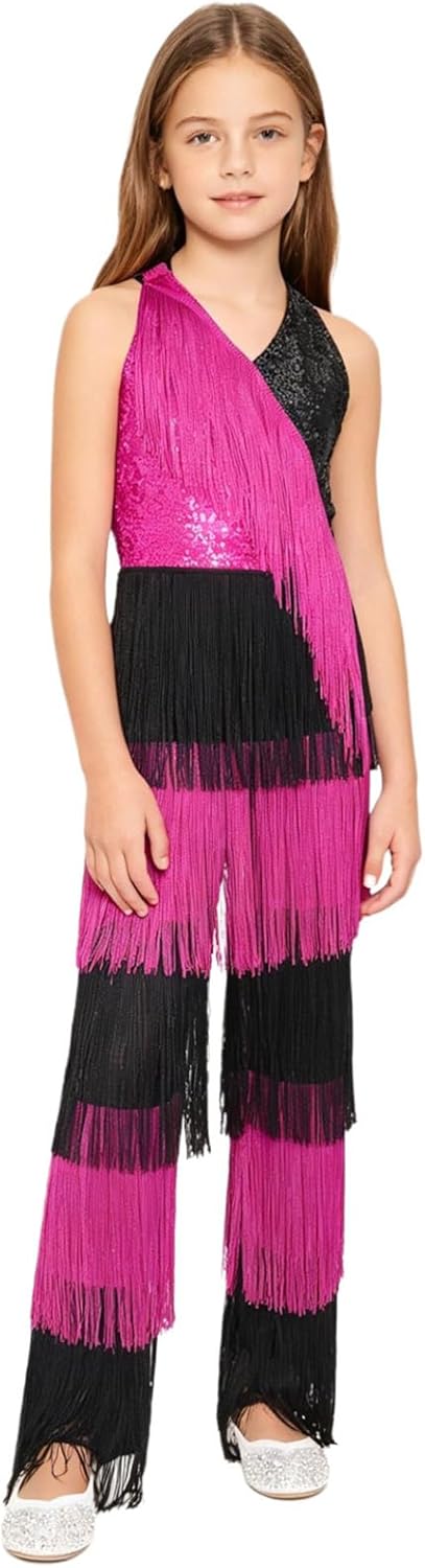 Shinsto Girls Disco Performance Retro Ballroom Overall Latin Jazz Dance Bodysuits Hippie Star Dress-up Sparkle Outfit