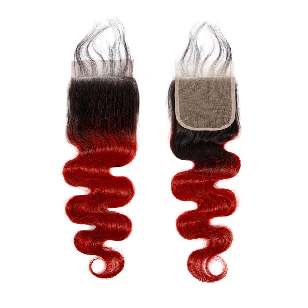 Red Body Wave 4x4 Closure Human Hair, Ombre Brazilian Virgin Remy Pre Plucked, 100% human hair Closure Free Part 15A, Two tone Red and black 4X4 hd lace closure wigs T1B/RED 12 inch
