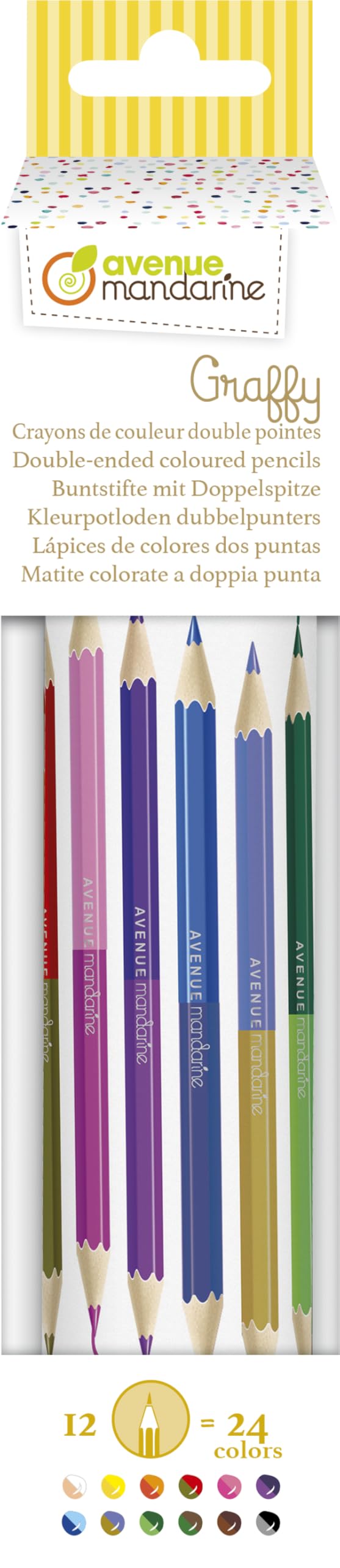 Avenue Mandarine - Ref CC032O - Double-Ended Coloured Pencils (Pack of 12) - Metal Case for Easy Transport Included, 24 Colours Total, Complies With CE Standards