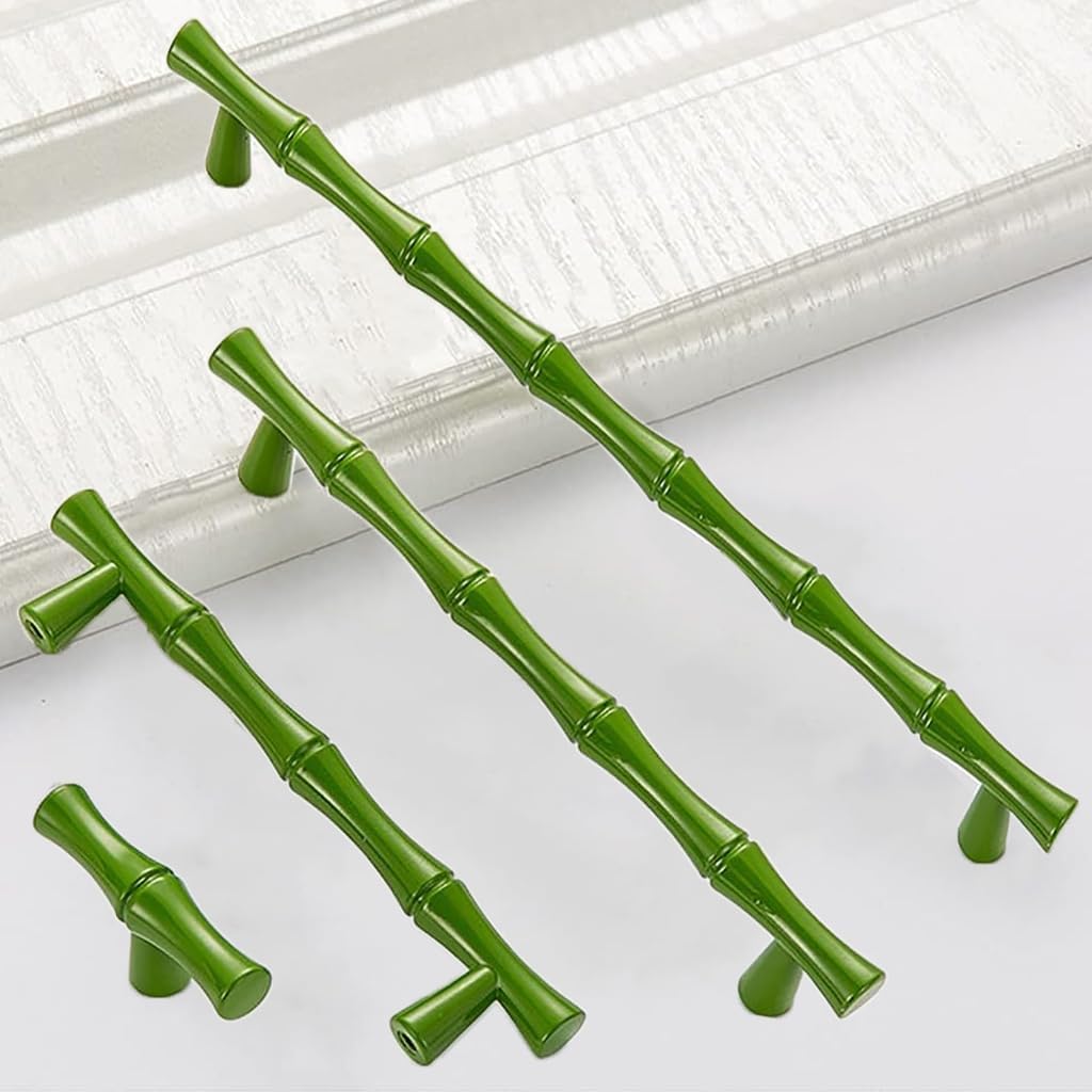 6Pcs Bamboo Shape Solid Zinc Alloy Cabinet Knobs Handle pulls, Dresser Drawer Cabinet Cupboard Closet Door Pull Decorative Furniture Accessories Knobs (Green, Length 8.7"/Hole Distance 7.6")