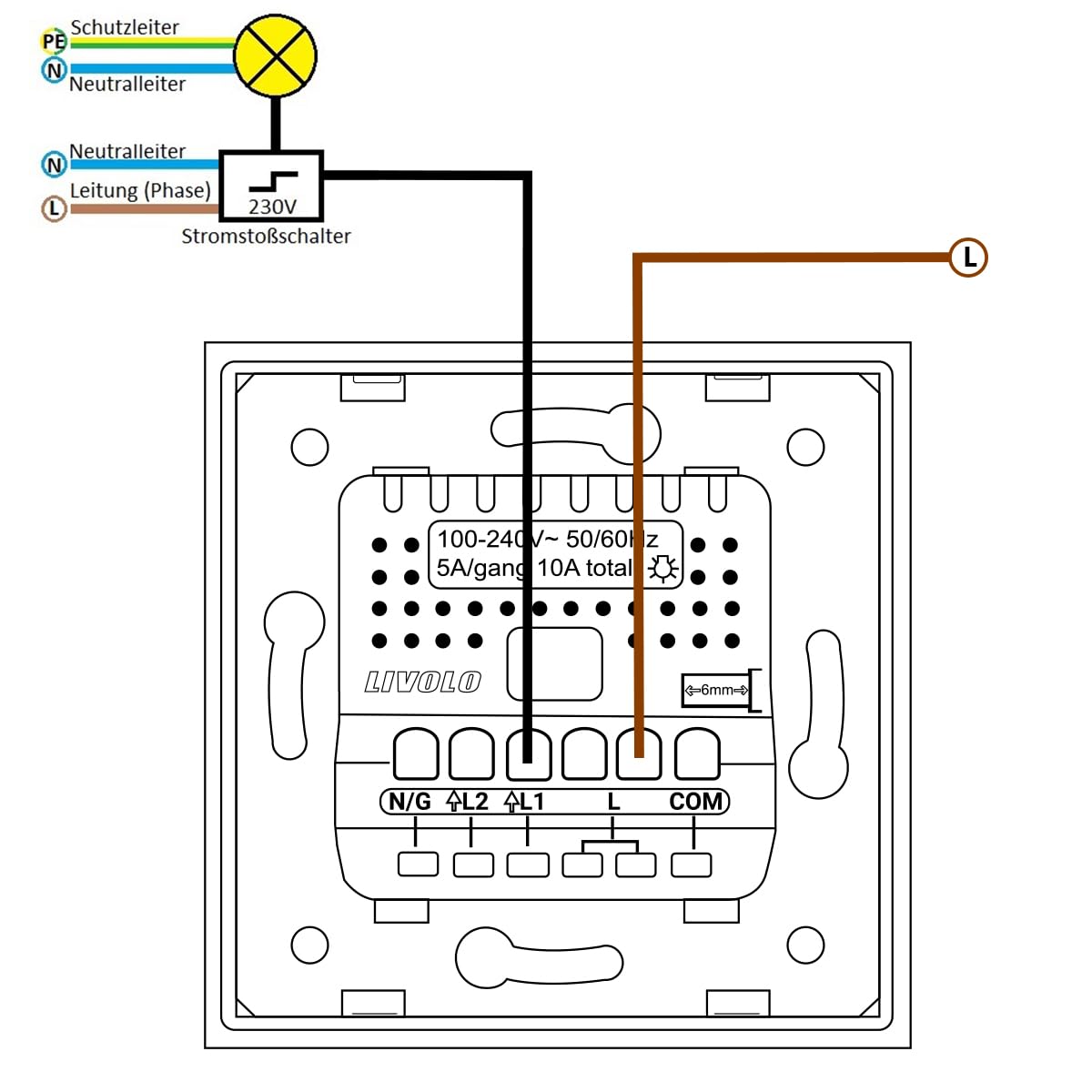 Livolo Touch 1-Fach Taster Lichtschalter Klingel Impulsschalter einfach Schalter inkls. Glasrahmen Einbau Touchschalter für die Unterputzdose Grau VL-C701B-15