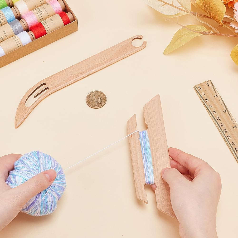 FREEBLOSS 2pcs Wooden Weaving Shuttle Knitting Weaving Loom Tools Wooden Knitting Tools Wood Hand Loom Stick Set for Inkle Belt Strap Making