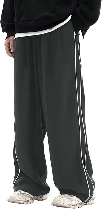 FCOOLYEET Men Wide Leg Baggy Pants Y2K Elastic Waist Sweatpants Jogger Hip Hop Track Pants