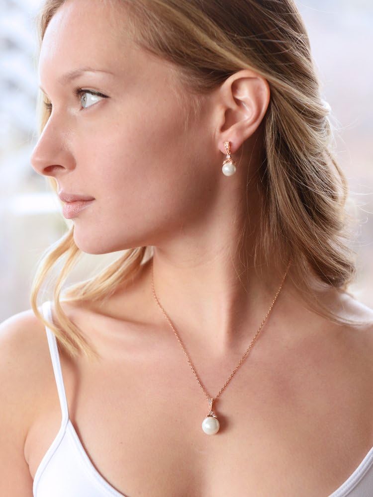 Mariell Pearl Drop Bridal Necklace Earrings Set with CZ Crystals for Bride, Bridesmaid, Birthday Gift - Image 4