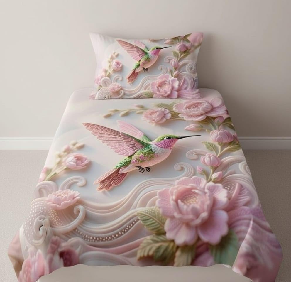 180TC Glace Cotton 7D Kids Digital Panel Print Flat 1 Single Bed Sheet with 1 Pillow Cover (60x90Inch) Pink Humming Bird-image-47
