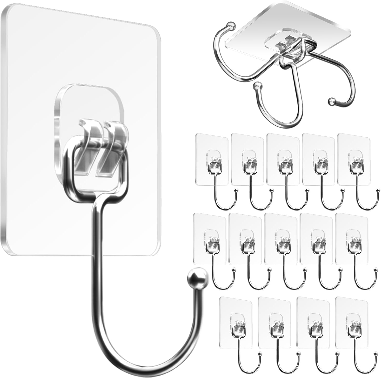 Large Adhesive Hooks for Hanging Heavy Duty Wall Hooks 22 lbs Self Adhesive Towel Waterproof Transparent for Bags Bathroom Shower Outdoor Kitchen Cups Door Coat Sticky Hooks (Transparent, 16pcs)