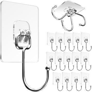 Large Adhesive Hooks for Hanging Heavy Duty Wall Hooks 22 lbs Self Adhesive Towel Waterproof Transparent for Bags Bathroom Shower Outdoor Kitchen Cups Door Coat Sticky Hooks Transparent, 16pcs
