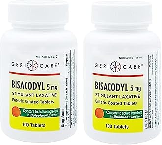 GeriCare Bisacodyl 5 mg Laxative Coated Tablet | Generic for Dulcolax | Stimulant Laxative | Gentle Overnight Constipation Relief 100 Count (Pack of 2)