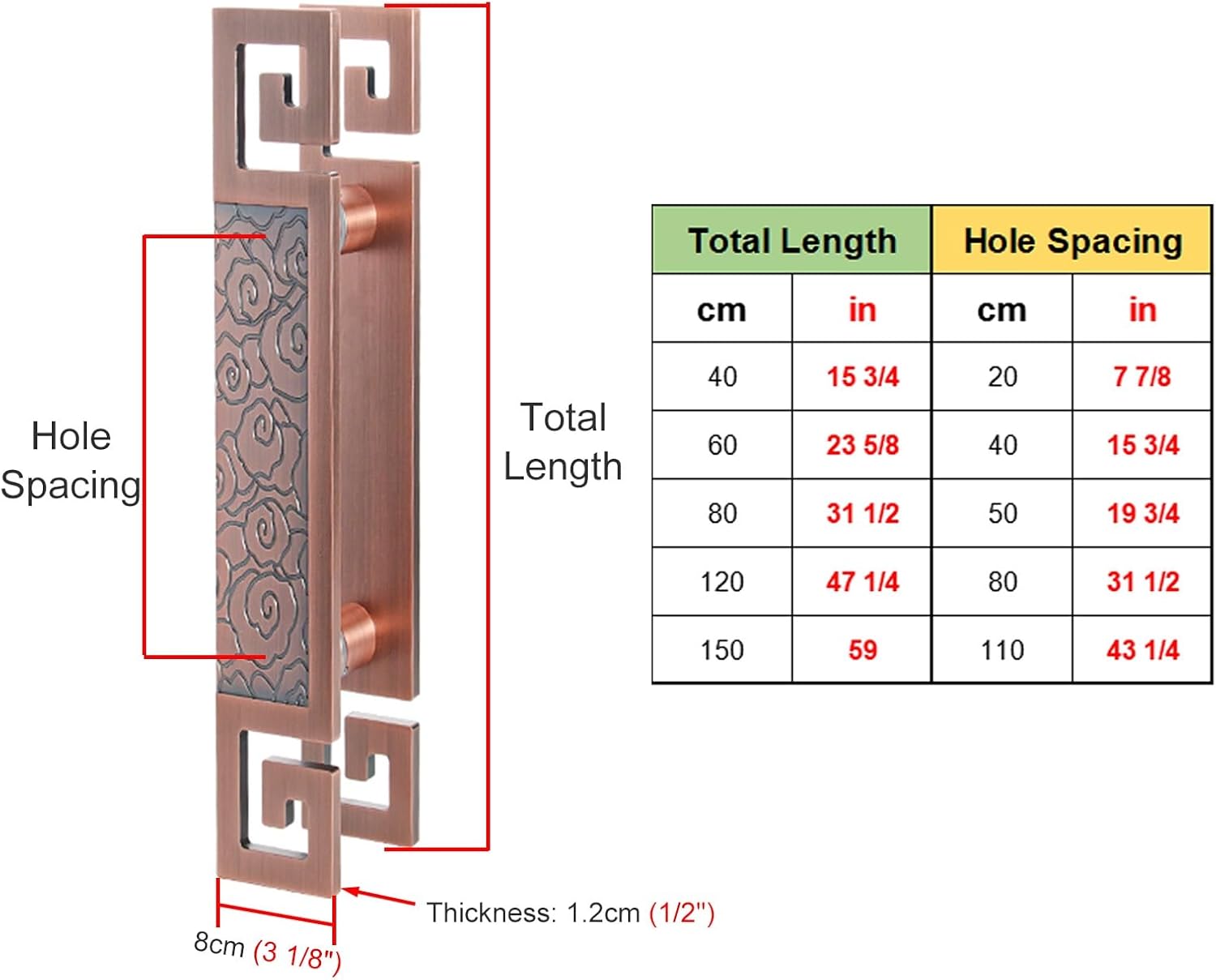 Barn Door Push Pull Door Handle Brushed Door Pull Handles Rose Gold, Carved Metal Gate Handles Double Sided, 8cm Wide Large Commercial Front Entry Door Hardware Kit (Size : 120cm/47 1/4" Length)